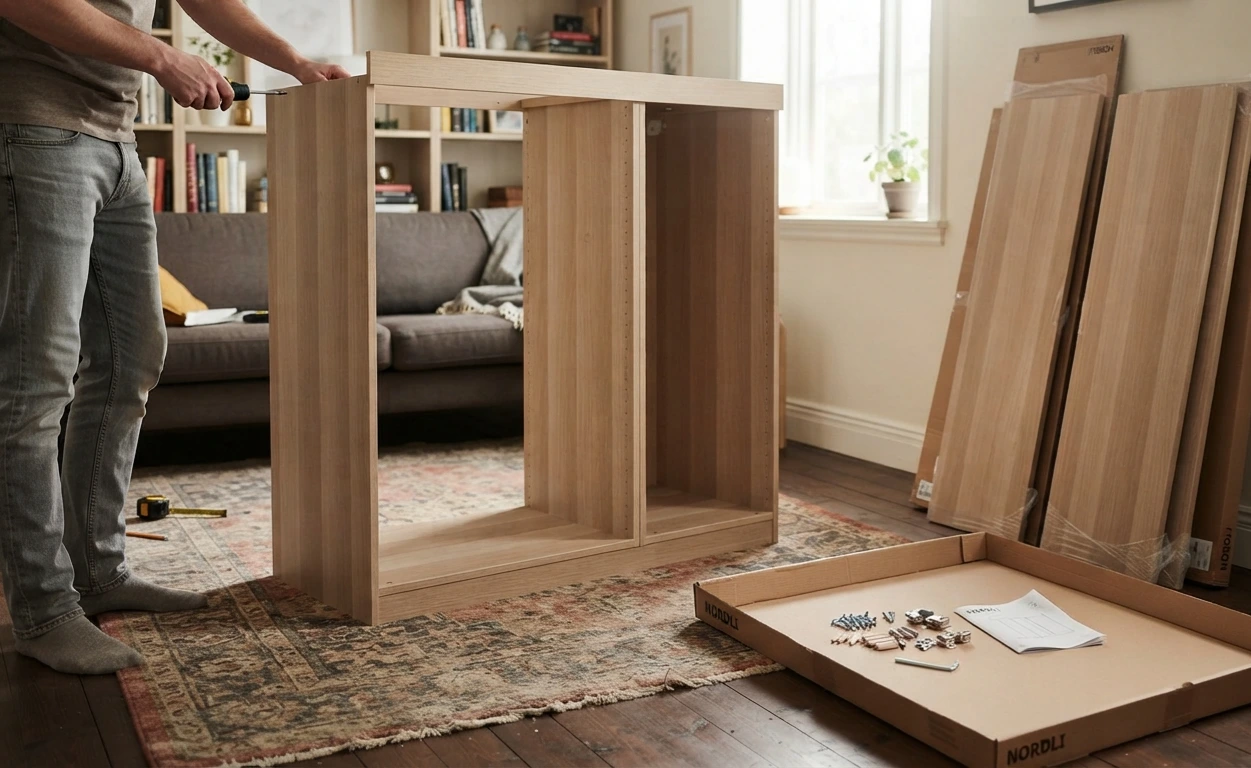 Flat-pack furniture panels and hardware being assembled into a wardrobe
