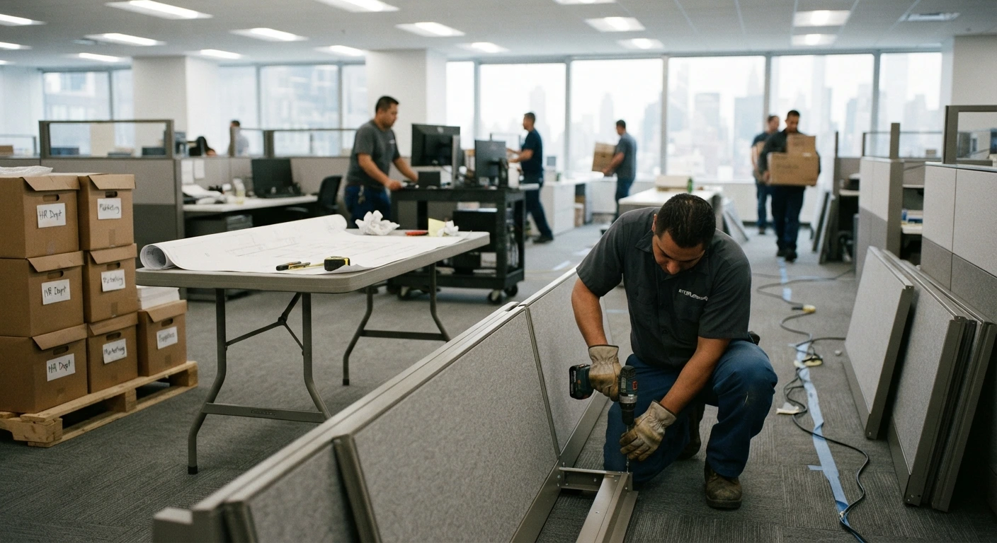 Office reconfiguration project with workstations being rearranged and furniture reassembled
