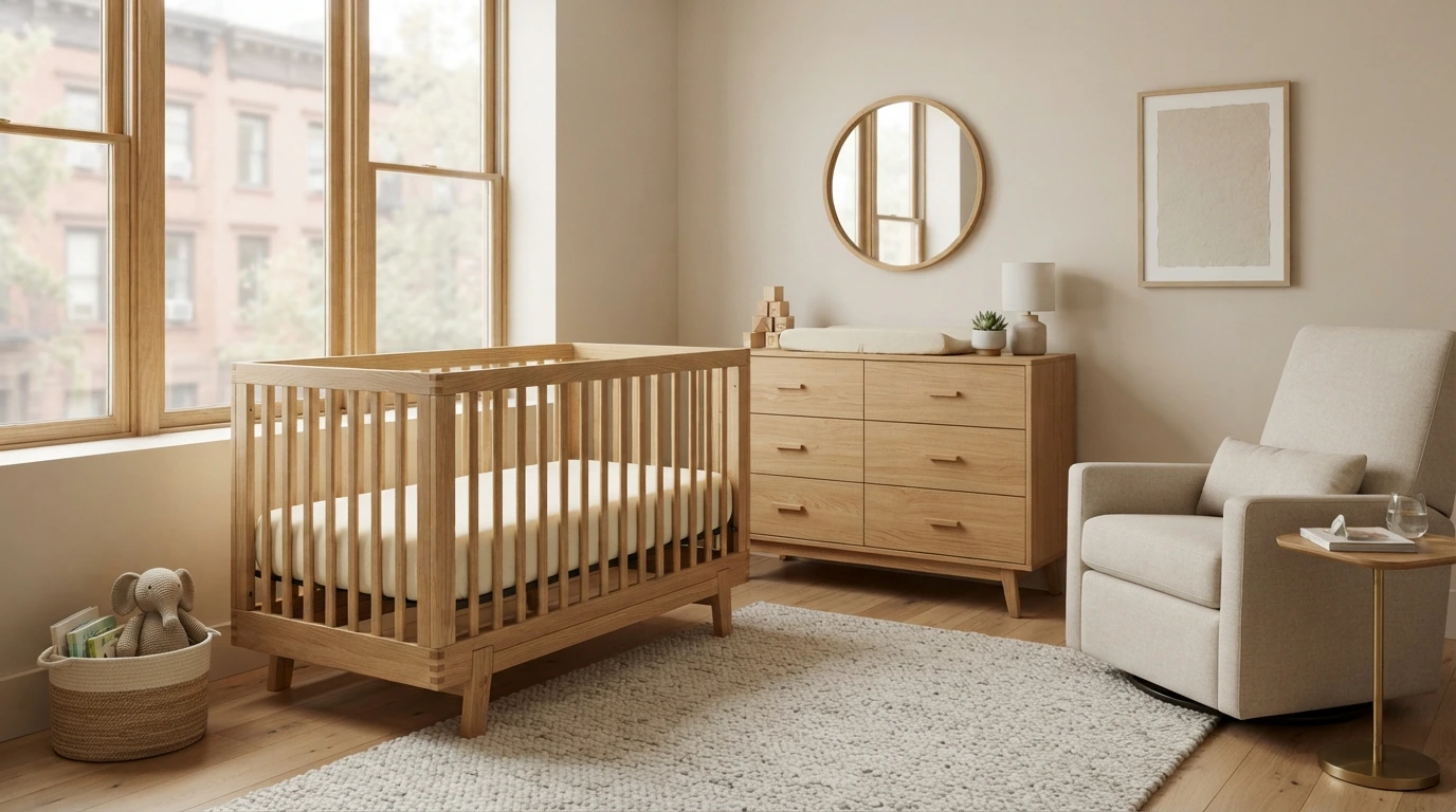Fully assembled wooden baby crib and anchored nursery dresser in a bright, modern nursery